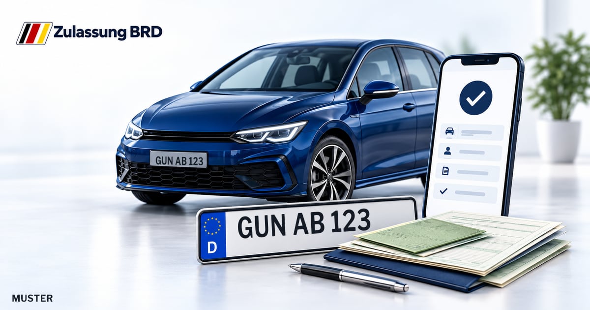 Online Fahrzeugzulassung in Landkreis Weißenburg-Gunzenhausen: Musterkennzeichen GUN AB 123, Auto und Fahrzeugpapiere und Smartphone. Illustration mit Logo von Zulassung BRD.